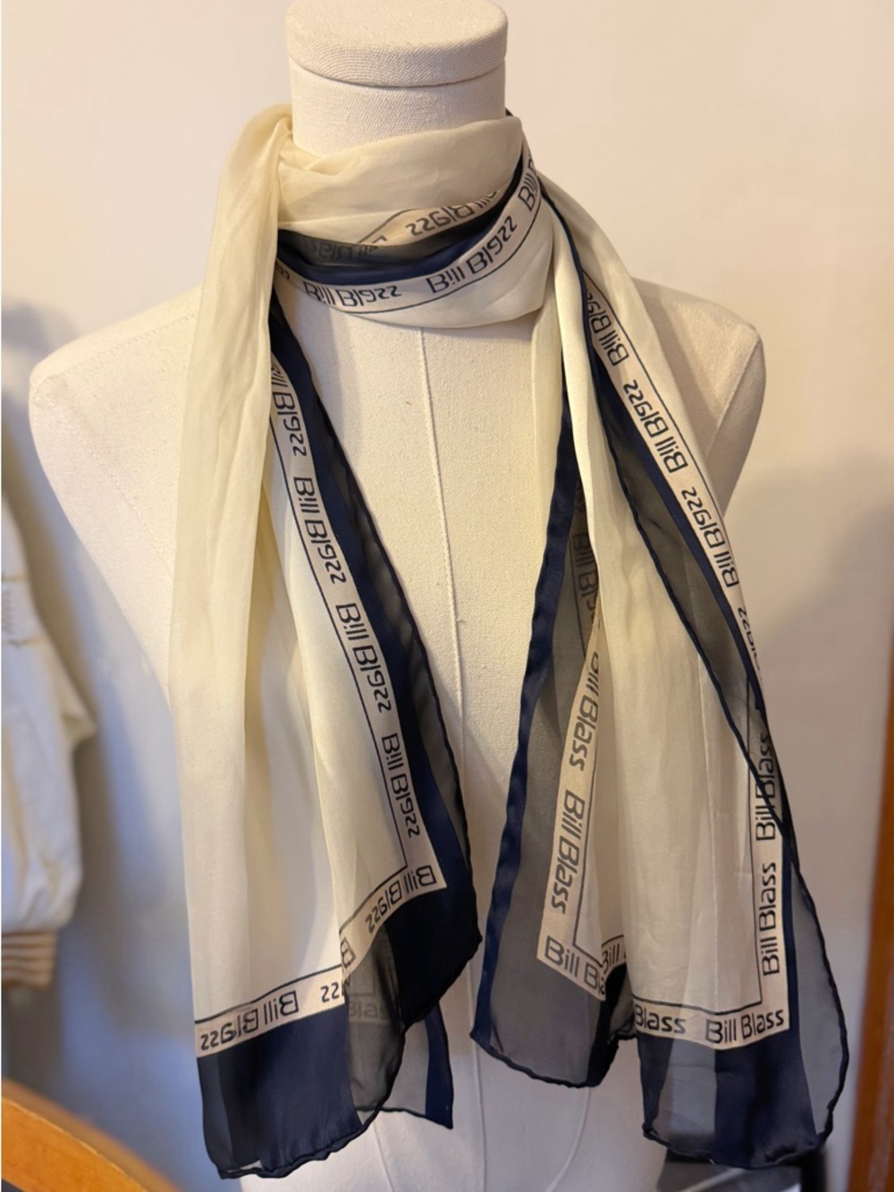 Bill Blass Ivory and Navy Logo Border Scarf
